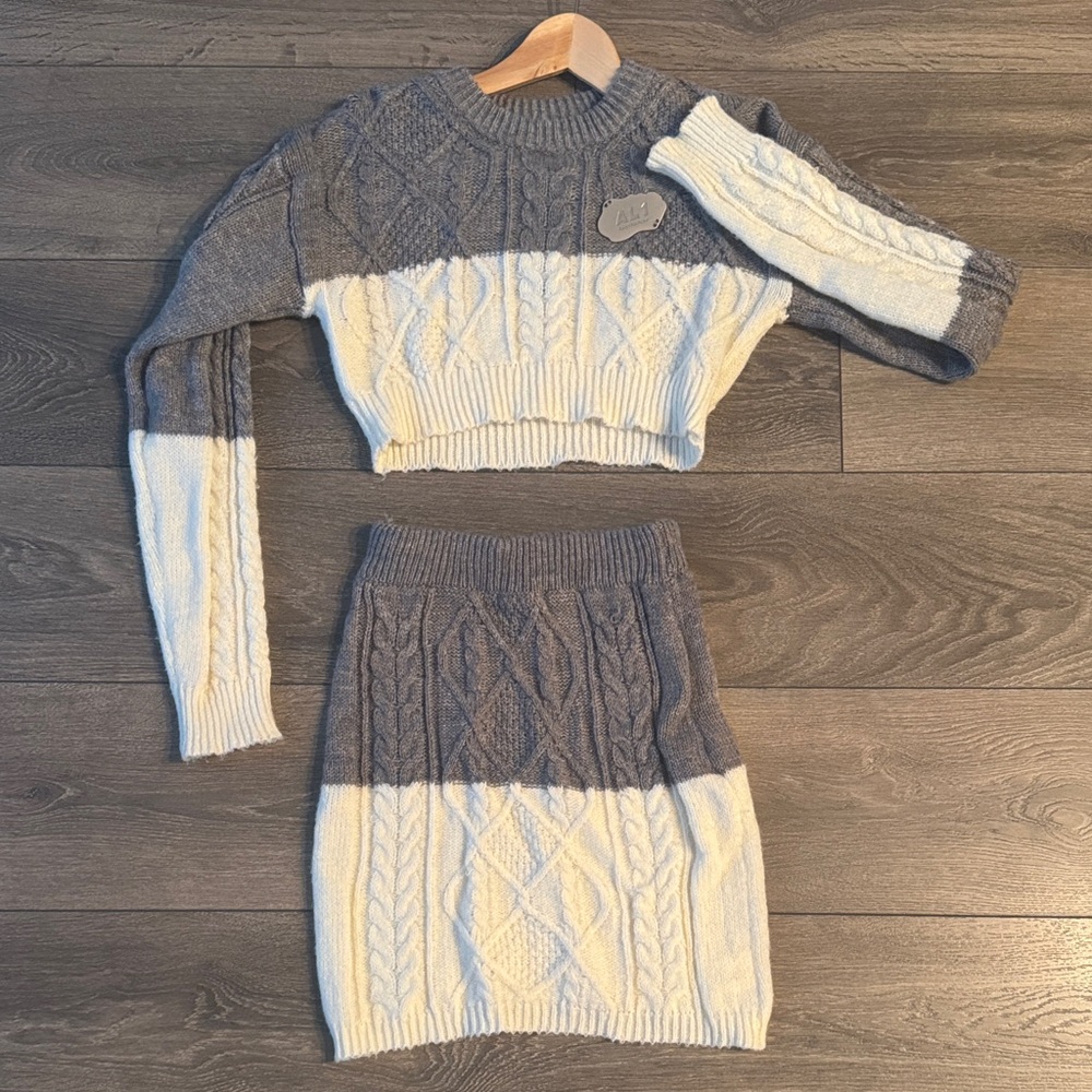 Gray and Cream Cable Knit Skirt Set